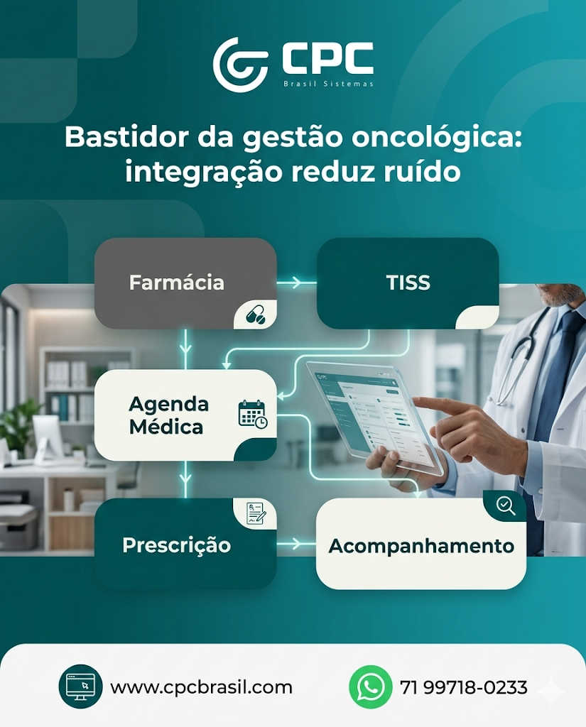 Na oncologia, qualquer ruído entre setores pesa muito. ✅

Farmácia, protocolo, prescrição, agenda, TISS e acompanhamento precisam estar alinhados para evitar desgaste operacional.

Gestão boa é gestão que previne ruído.