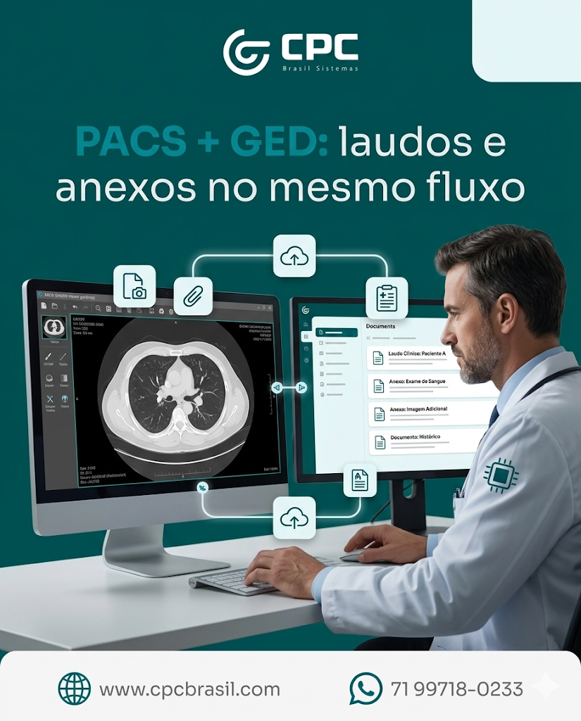 Imagem e documento no mesmo fluxo trazem agilidade e segurança. ✅
PACS + GED ajudam a organizar laudos, anexos e histórico com rastreabilidade.

Integração que simplifica.