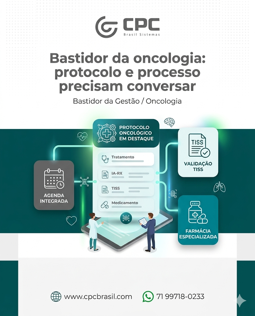 Na oncologia, protocolo isolado não resolve. ✅

Ele precisa estar conectado à prescrição, agenda, farmácia, TISS e acompanhamento para sustentar a operação.

Gestão boa evita ruído entre etapas.